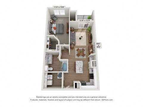 Floor plan for 1 bed, 1 bath, 866 sqft
